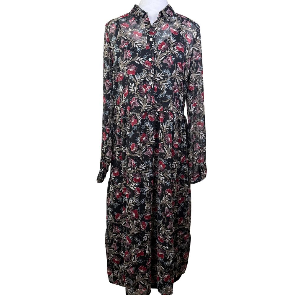 J. Jill Floral Button Up Tiered Midi Dress Women's Medium Lined Flowy Breathable